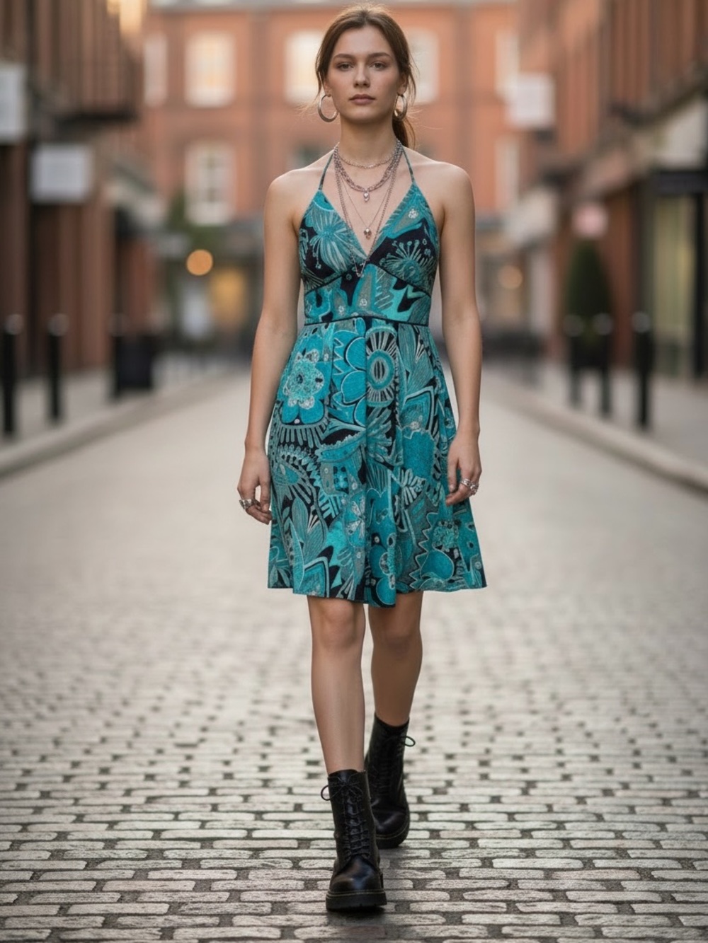 Corey P. Turqouise/Black Floral Abstract Halter Knee Length Flare Dress 10